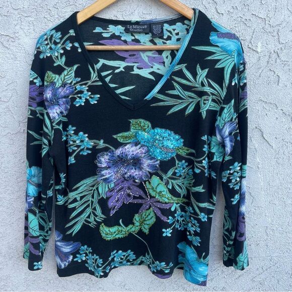 Y2K Floral Sequin Beaded V-Neck Top SZ L Boho Glam Fairycore Whimsygoth Cottage - Picture 1 of 7